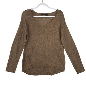 RDI Womens Brown Marled V-Neck Sweater Quilted Elbow Patches 72S1068N Size M